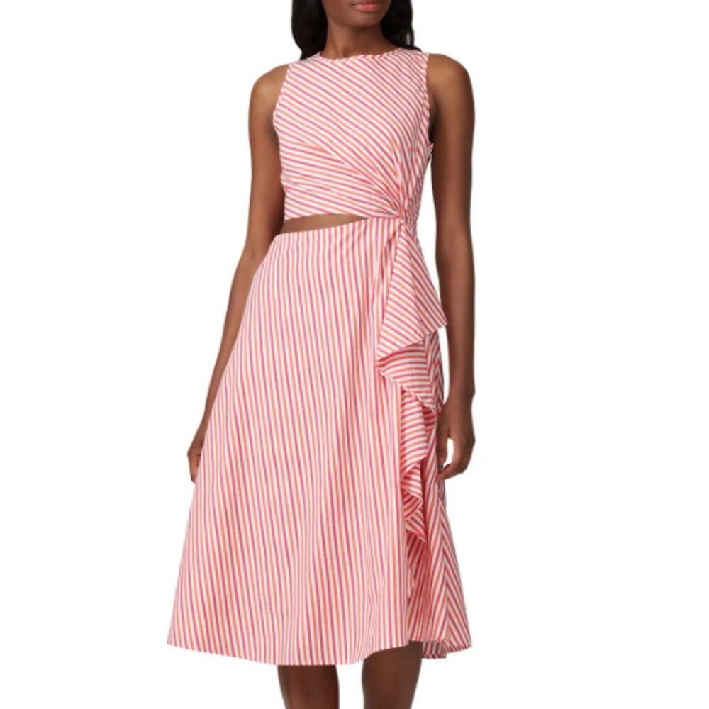 J. Crew Samara Striped Cut Out Midi Dress Ruffle Sleeveless Cotton Poplin Sheath
